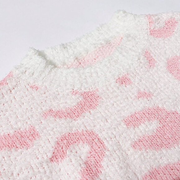 Pink Casual Womens Leopard Print Drop Shoulder Sweater & Drawstring Waist Shorts - Picture 5 of 5